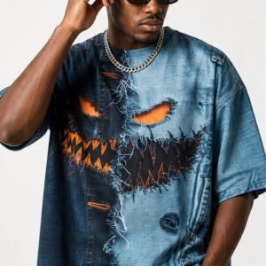 Oversized 3D Ripped Denim Monster Graphic Streetwear Tee